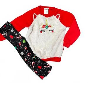 Kids Unicorn Embroidered Fuzzy Sweatshirt and Holiday Leggings Set
